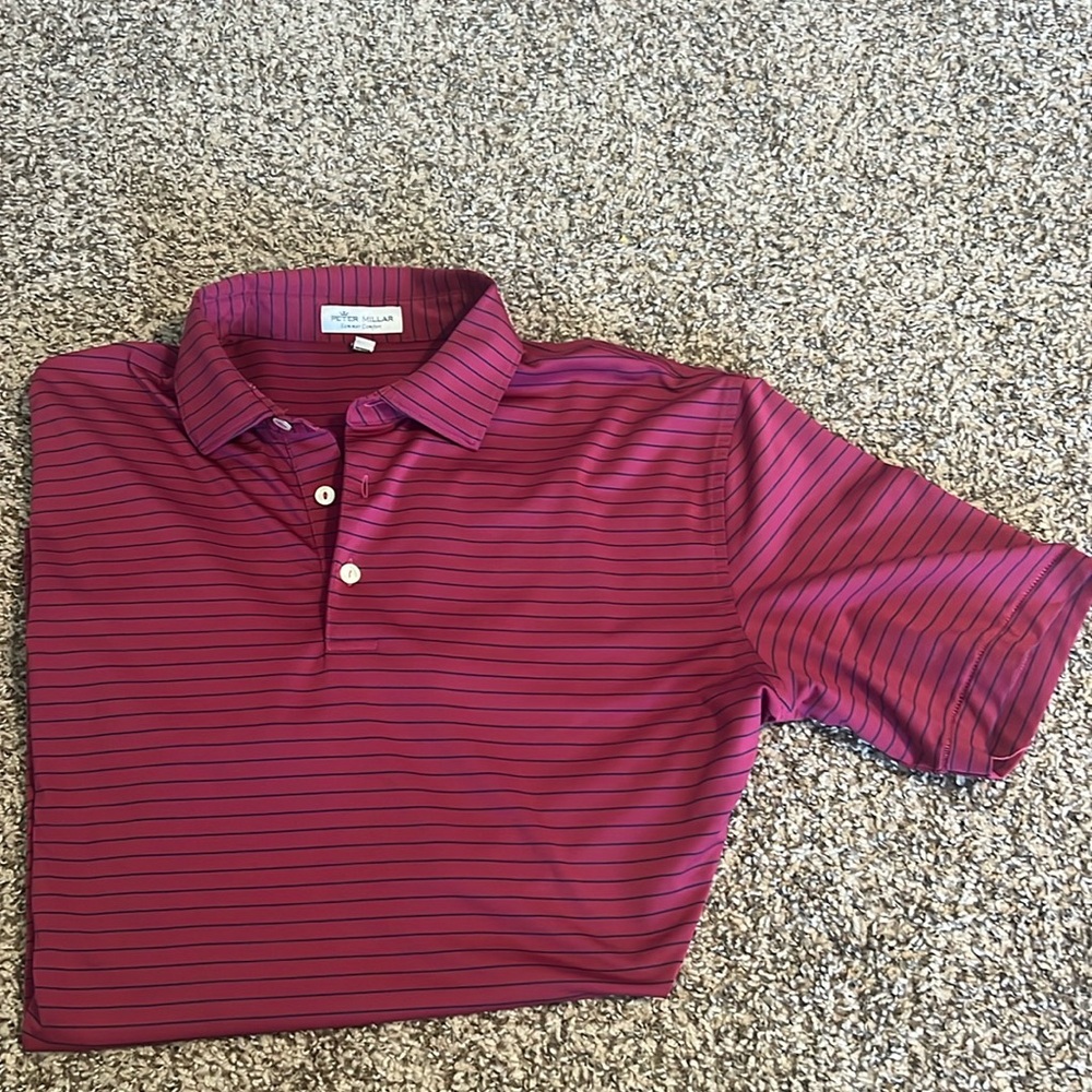 Peter Millar Mens M Summer Comfort red polo with blue stripes BARELY WORN